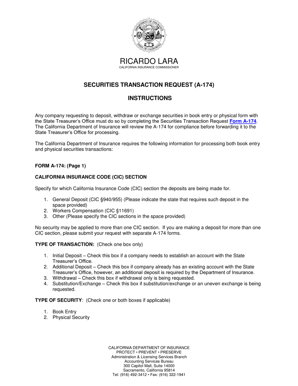 Instructions for Form A-174 Securities Transaction Request - California, Page 1
