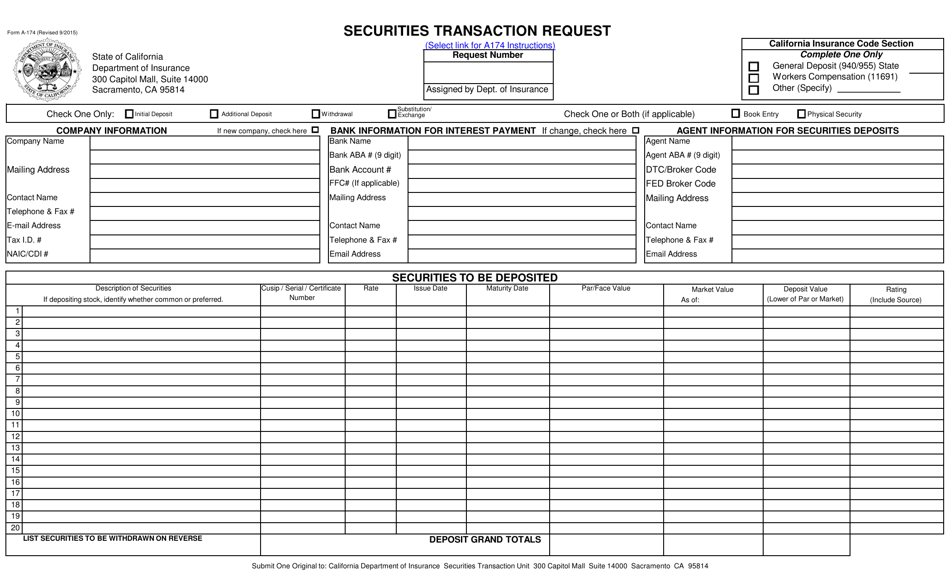 Form A-174 Securities Transaction Request - California, Page 1