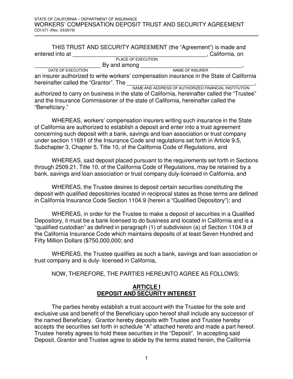 Form CDI-071 Workers' Compensation Deposit Trust and Security Agreement - California, Page 1
