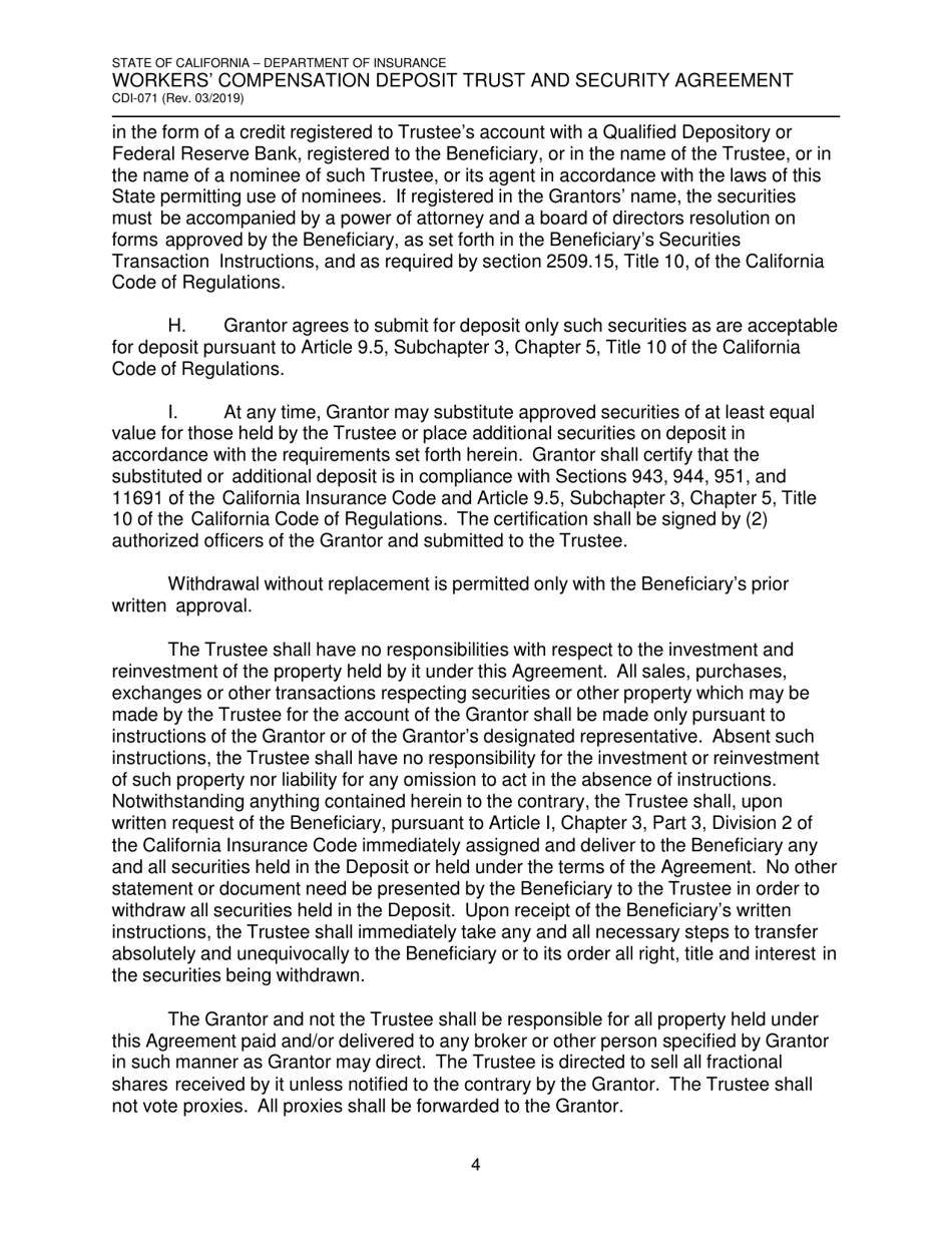 Form CDI-071 Workers Compensation Deposit Trust and Security Agreement - California, Page 4