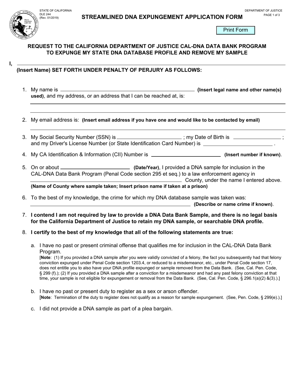 Form DLE244 Streamlined Dna Expungement Application Form - California, Page 1