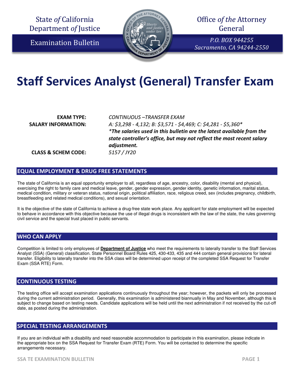 Form JUS8777 Request for Transfer Exam Staff Services Analyst (General) - California, Page 1