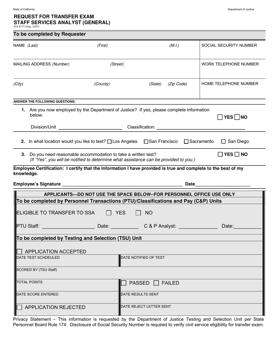 Form JUS8777 Request for Transfer Exam Staff Services Analyst (General) - California, Page 5