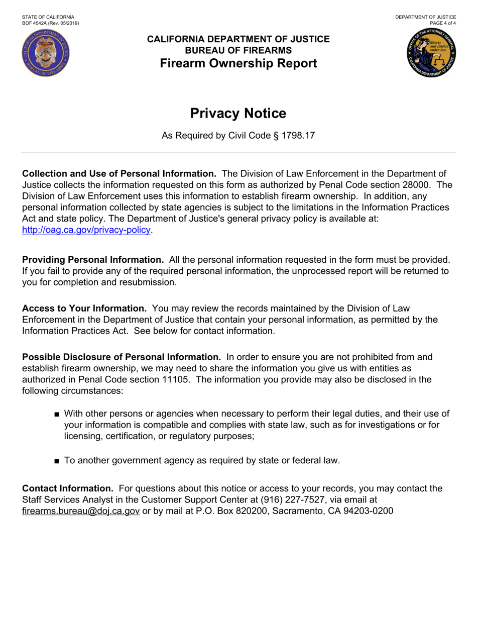 Form BOF4542A Firearm Ownership Report - California, Page 4