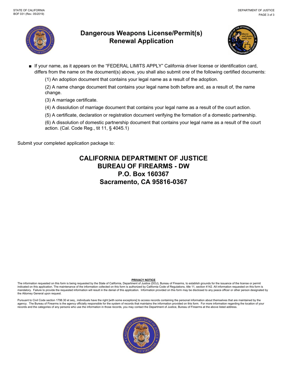 Form BOF031 Dangerous Weapons License / Permit(S) Renewal Application - California, Page 3