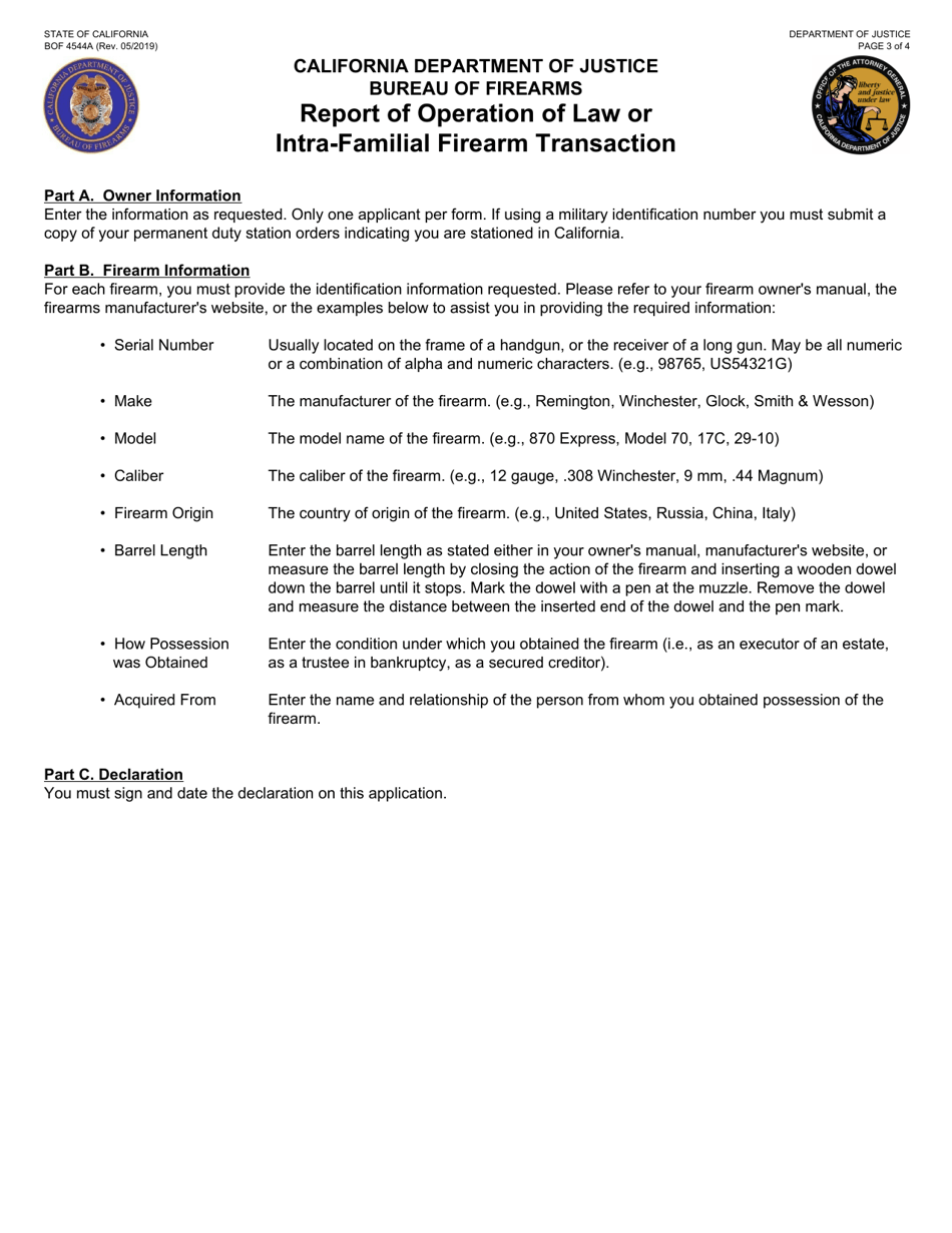 Form BOF4544A Report of Operation of Law or Intra-familial Firearm Transaction - California, Page 3