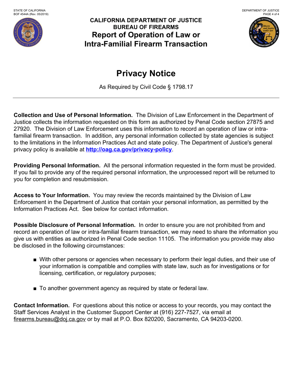 Form BOF4544A Report of Operation of Law or Intra-familial Firearm Transaction - California, Page 4