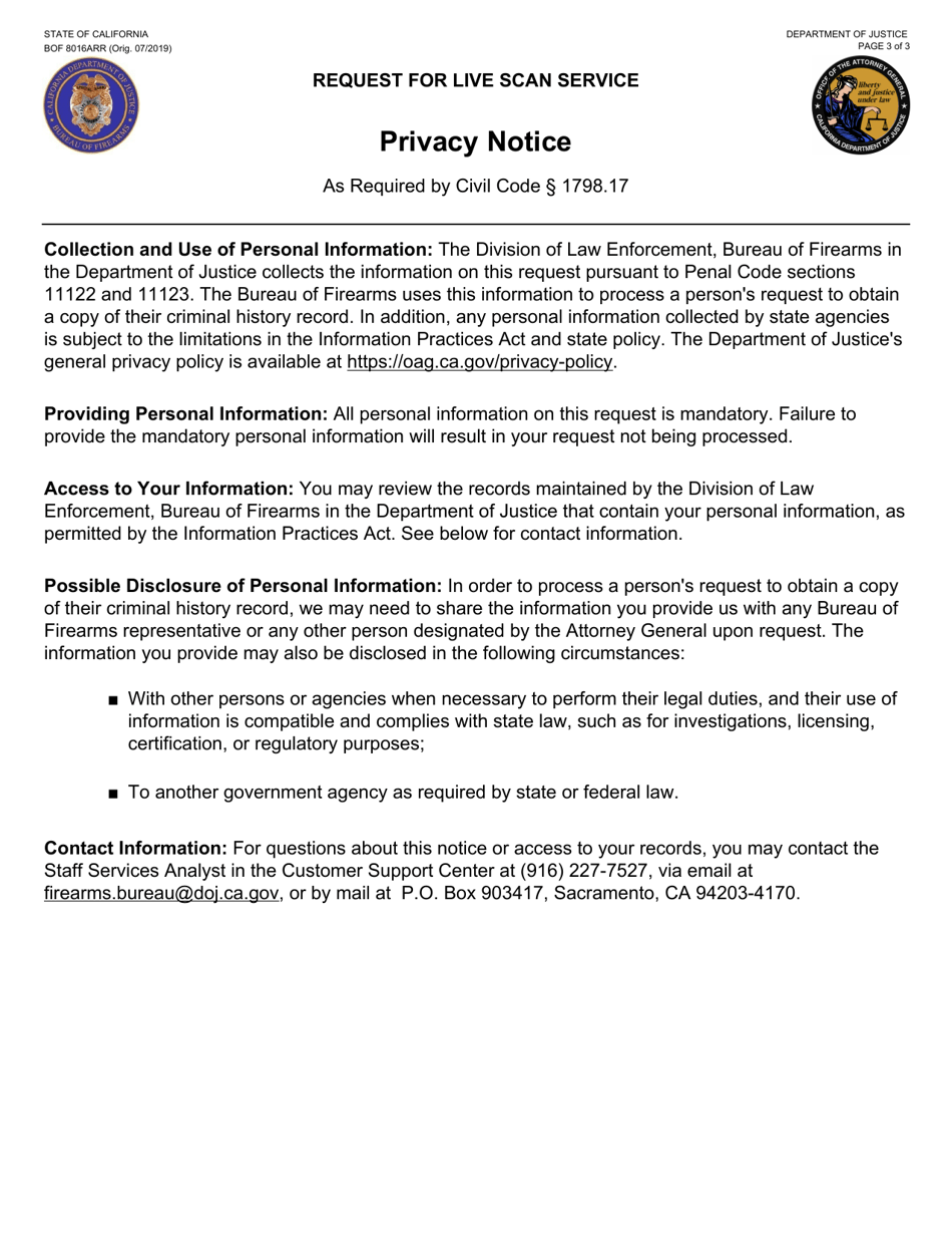 Form BOF8016ARR Request for Live Scan Service - California, Page 3