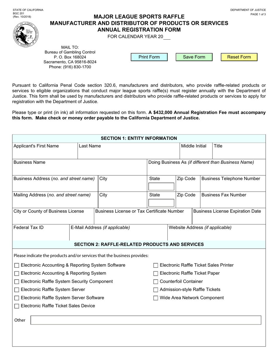 Form BGC201 Major League Sports Raffle Manufacturer and Distributor of Products or Services Annual Registration Form - California, Page 1