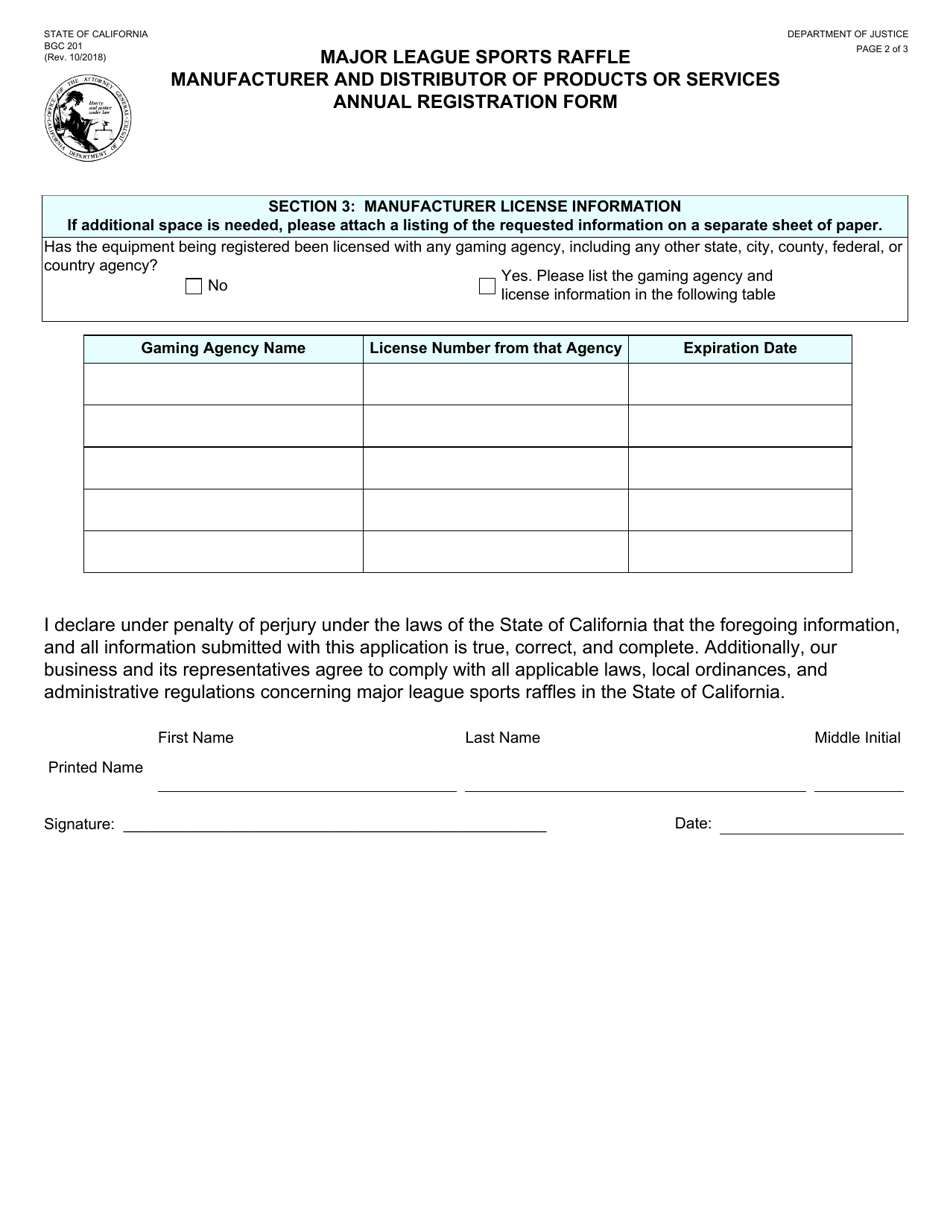 Form BGC201 Major League Sports Raffle Manufacturer and Distributor of Products or Services Annual Registration Form - California, Page 2