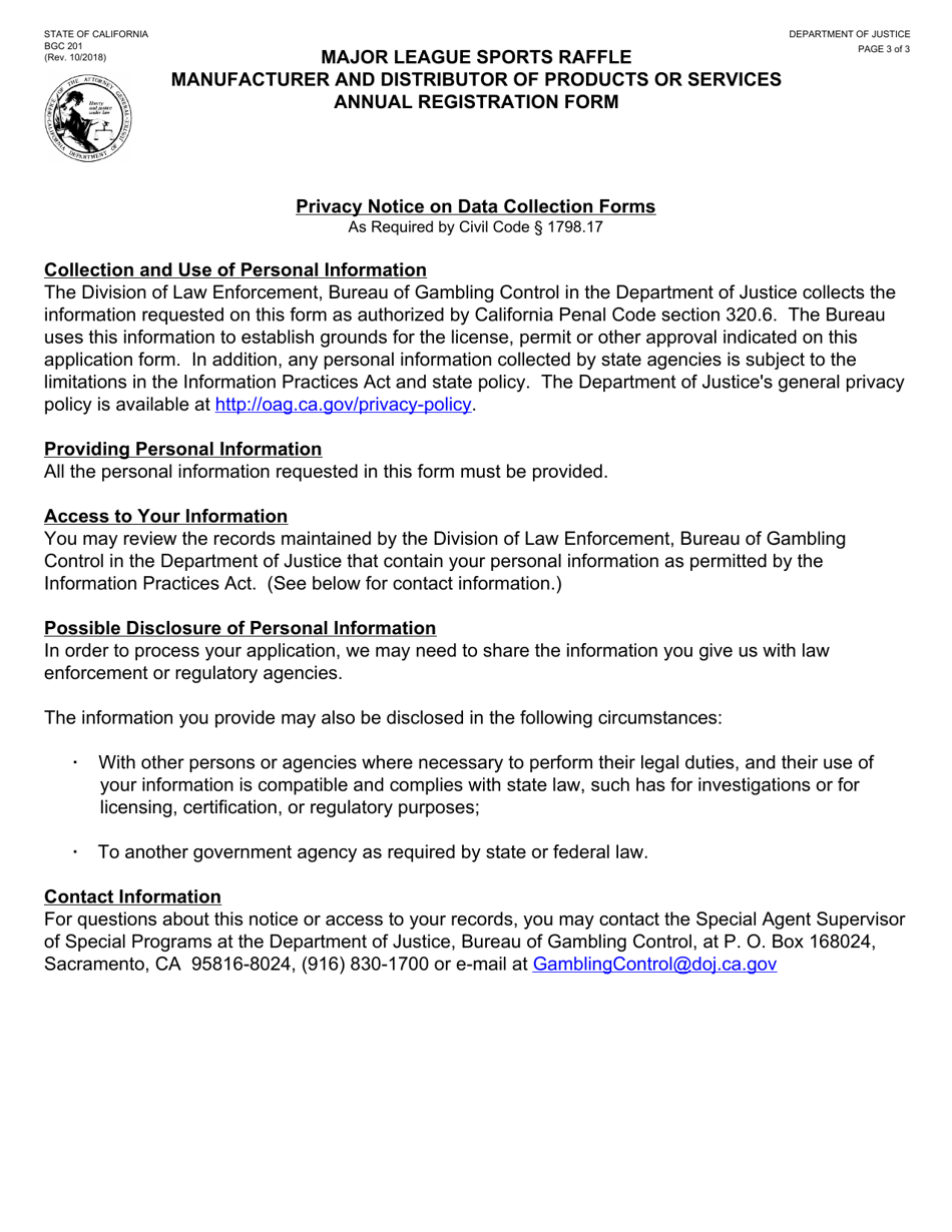 Form BGC201 Major League Sports Raffle Manufacturer and Distributor of Products or Services Annual Registration Form - California, Page 3