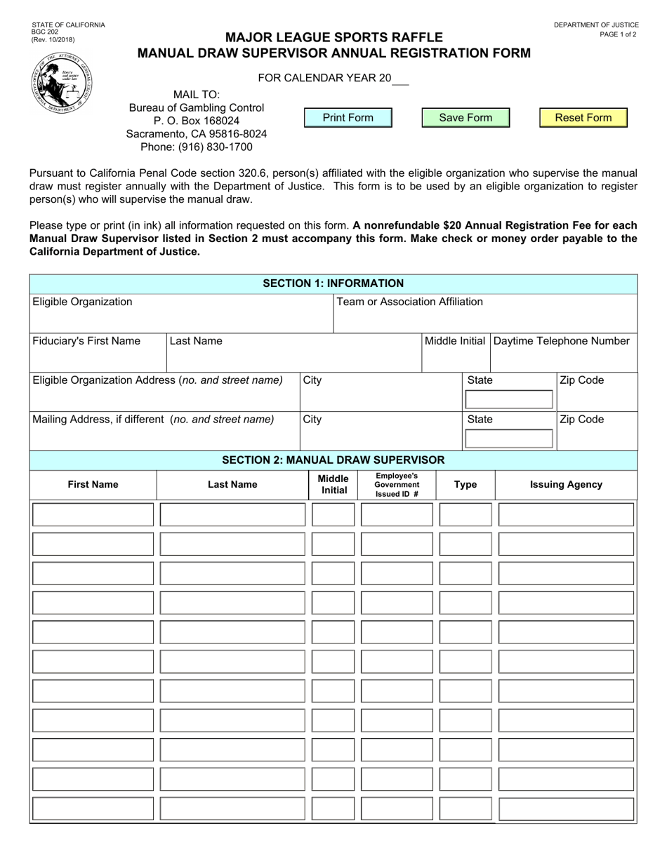 Form BGC202 Major League Sports Raffle Manual Draw Supervisor Annual Registration Form - California, Page 1
