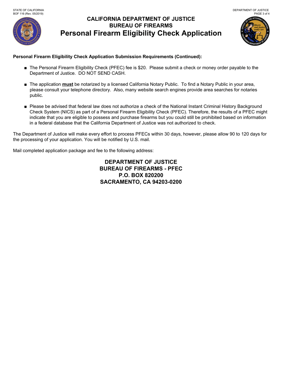 Form BOF116 Personal Firearm Eligibility Check Application - California, Page 3