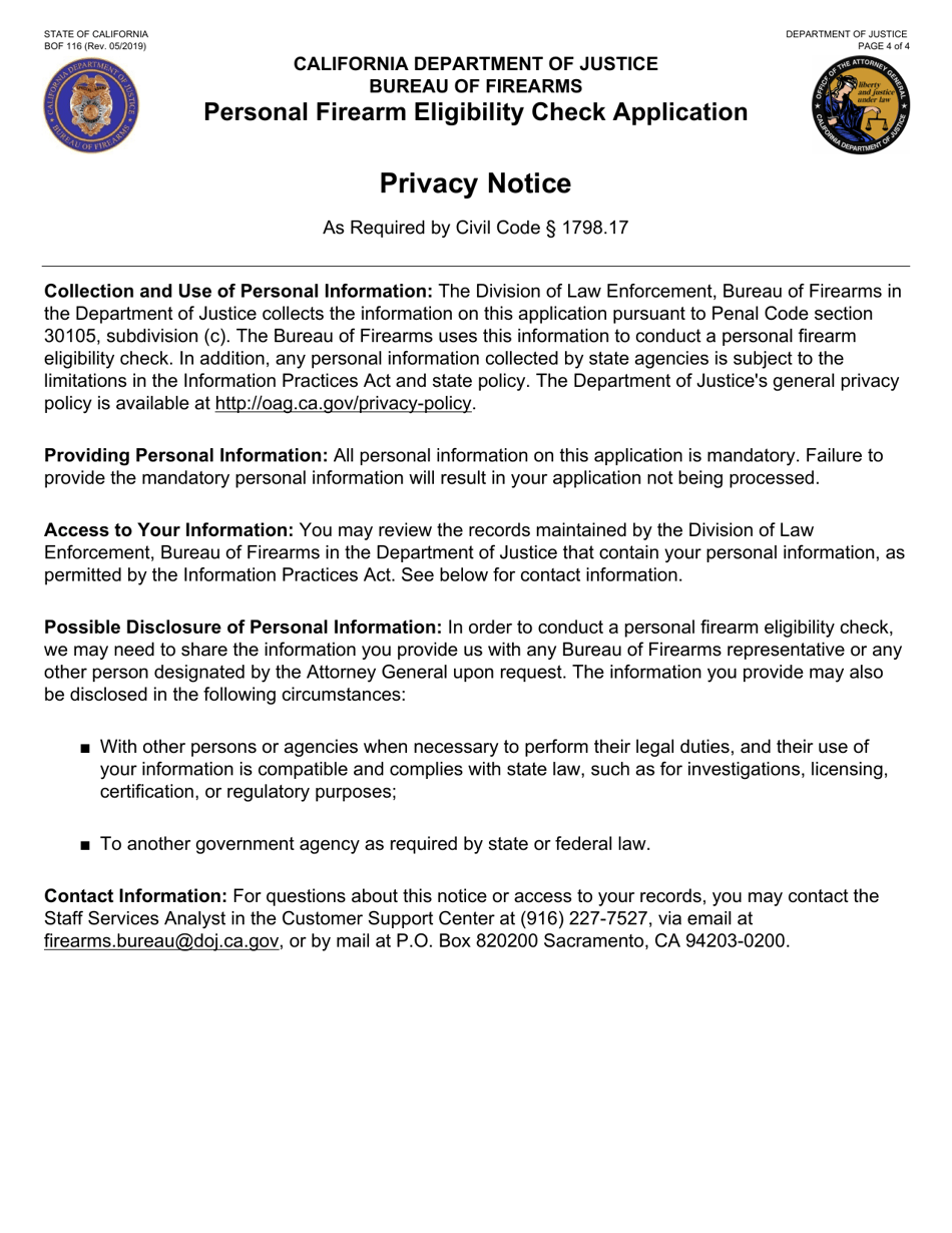 Form BOF116 Personal Firearm Eligibility Check Application - California, Page 4