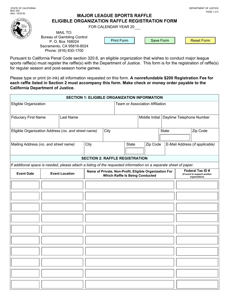 Form BGC204 Major League Sports Raffle Eligible Organization Raffle Registration Form - California, Page 1