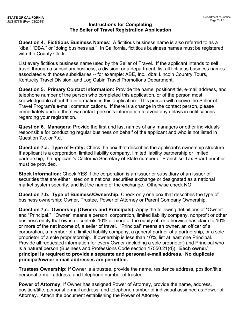 Instructions for Form JUS8771 Seller of Travel Registration Application - California, Page 2