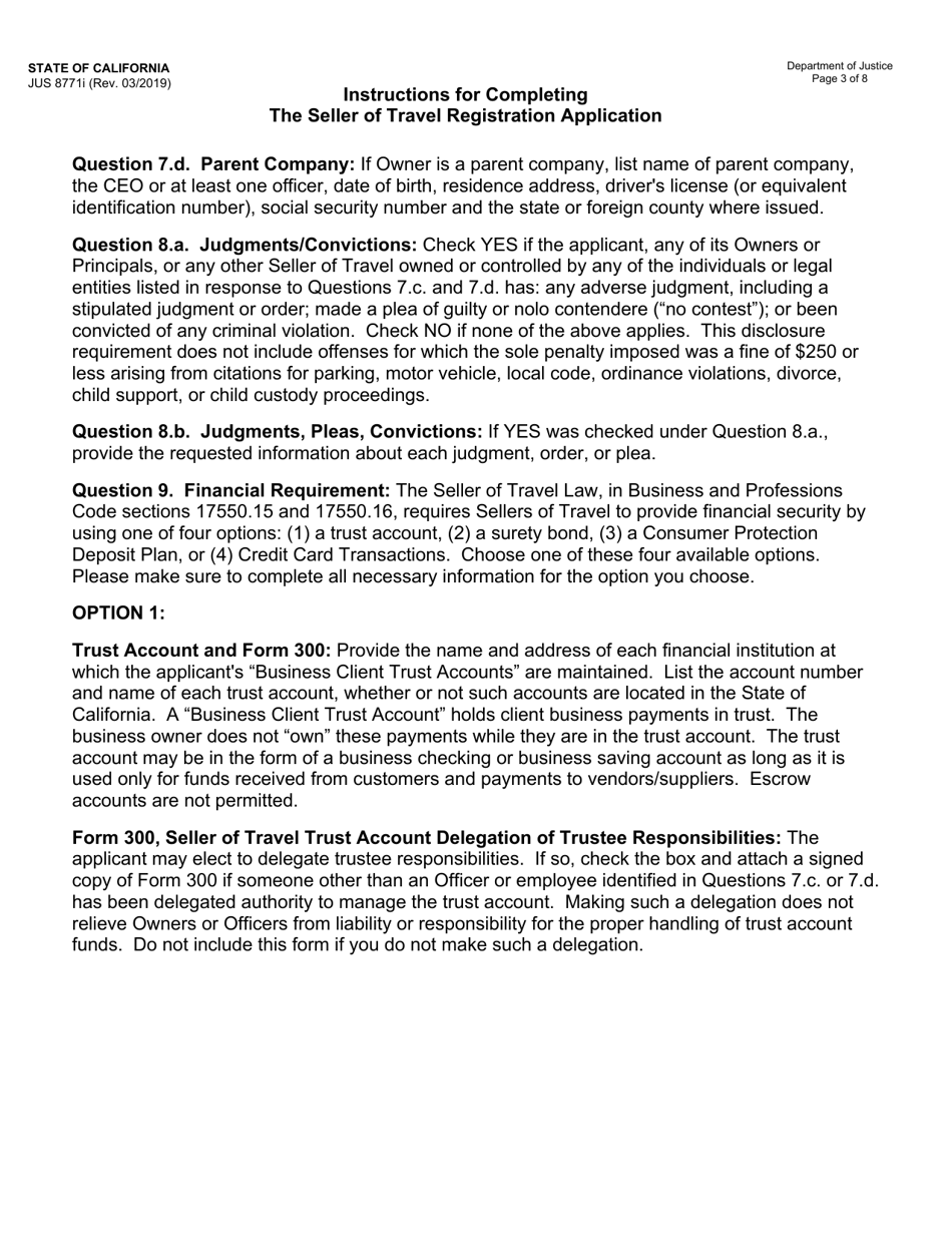 Instructions for Form JUS8771 Seller of Travel Registration Application - California, Page 3