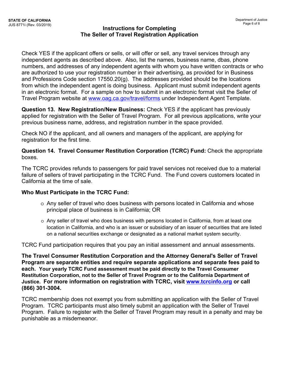 Instructions for Form JUS8771 Seller of Travel Registration Application - California, Page 6