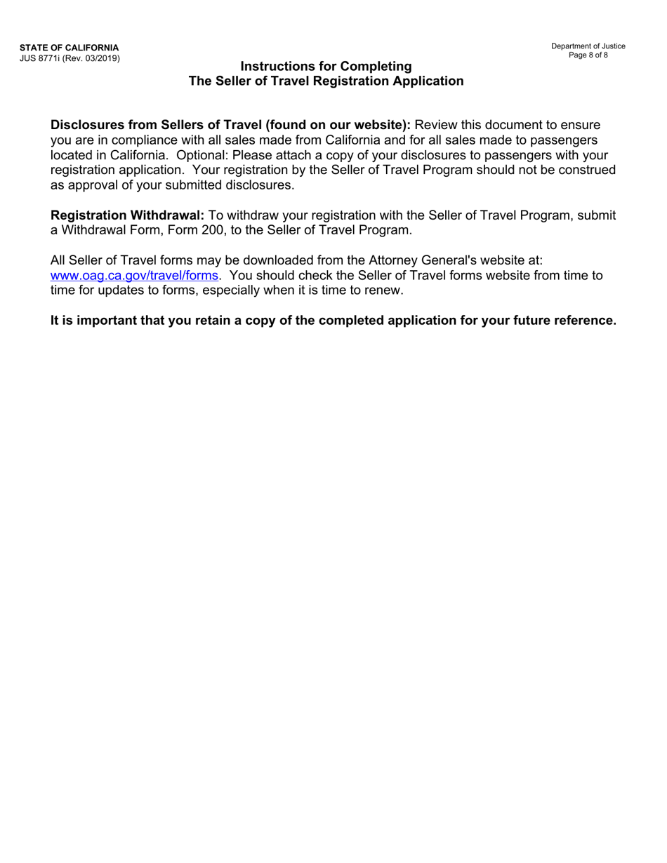 Instructions for Form JUS8771 Seller of Travel Registration Application - California, Page 8