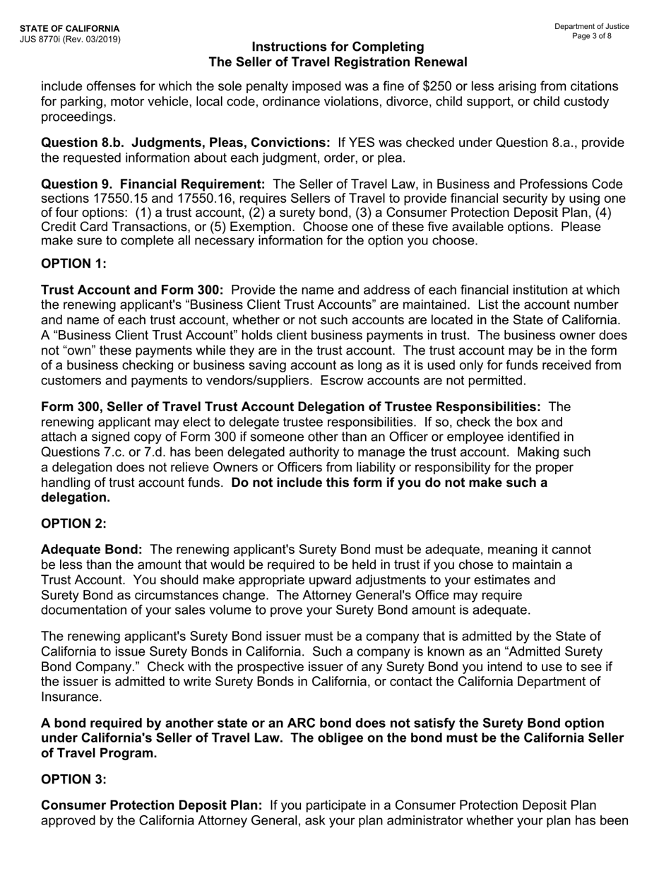 Instructions for Form JUS8770 Seller of Travel Registration Renewal - California, Page 3