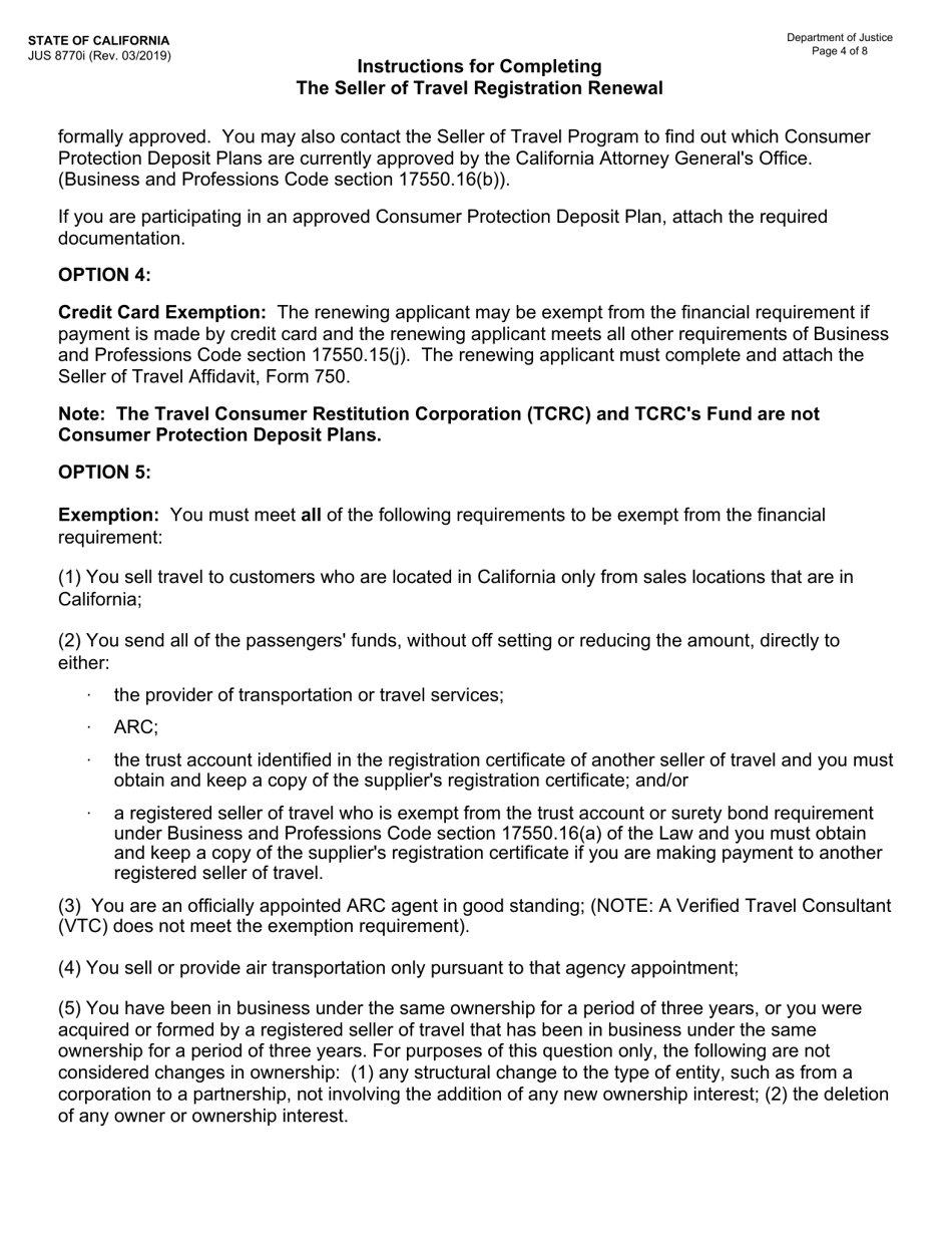 Instructions for Form JUS8770 Seller of Travel Registration Renewal - California, Page 4