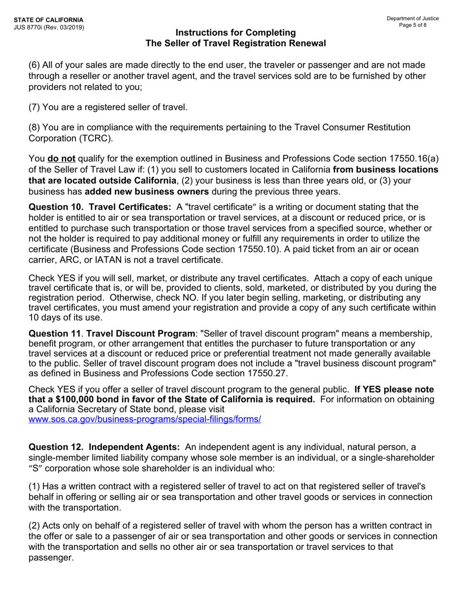 Instructions for Form JUS8770 Seller of Travel Registration Renewal - California, Page 5