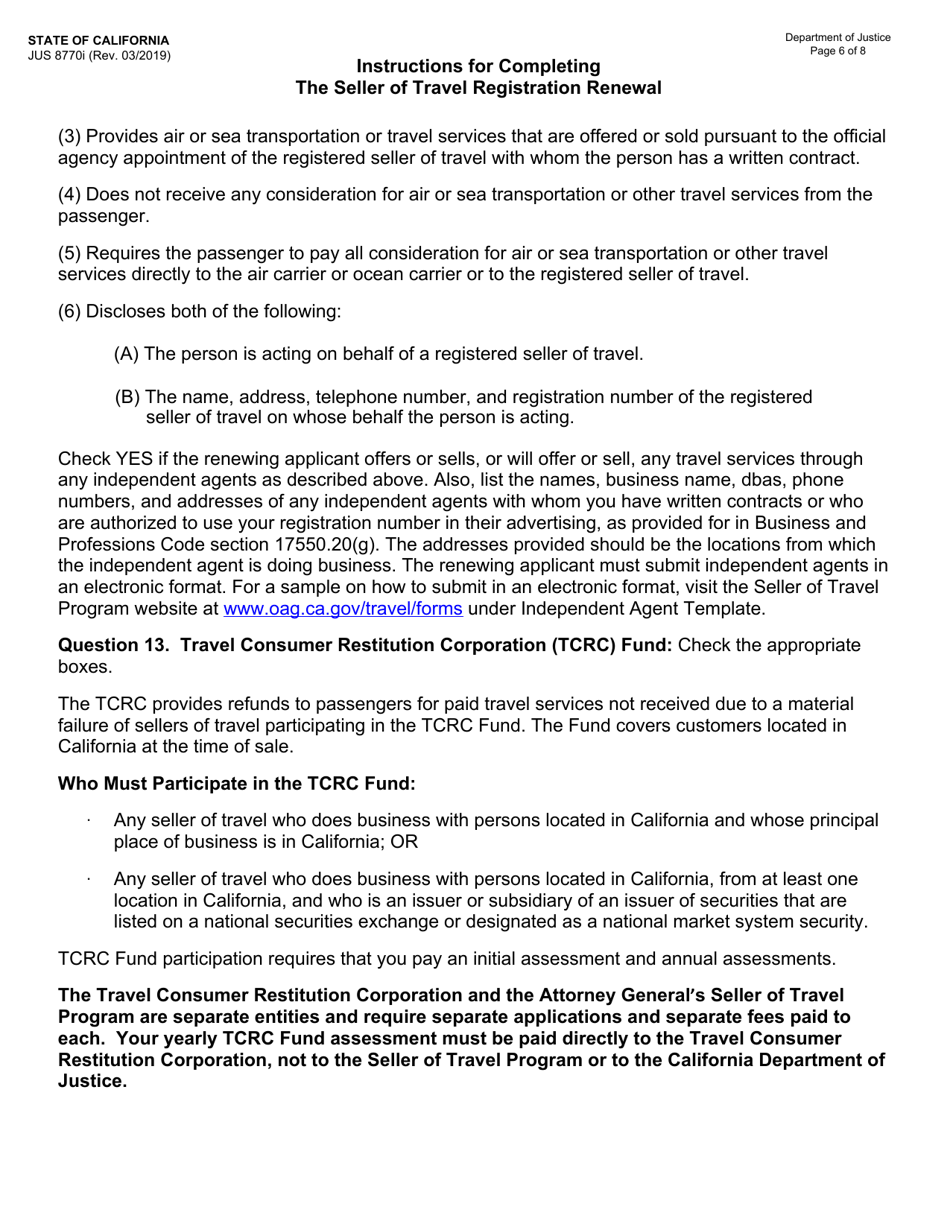 Instructions for Form JUS8770 Seller of Travel Registration Renewal - California, Page 6