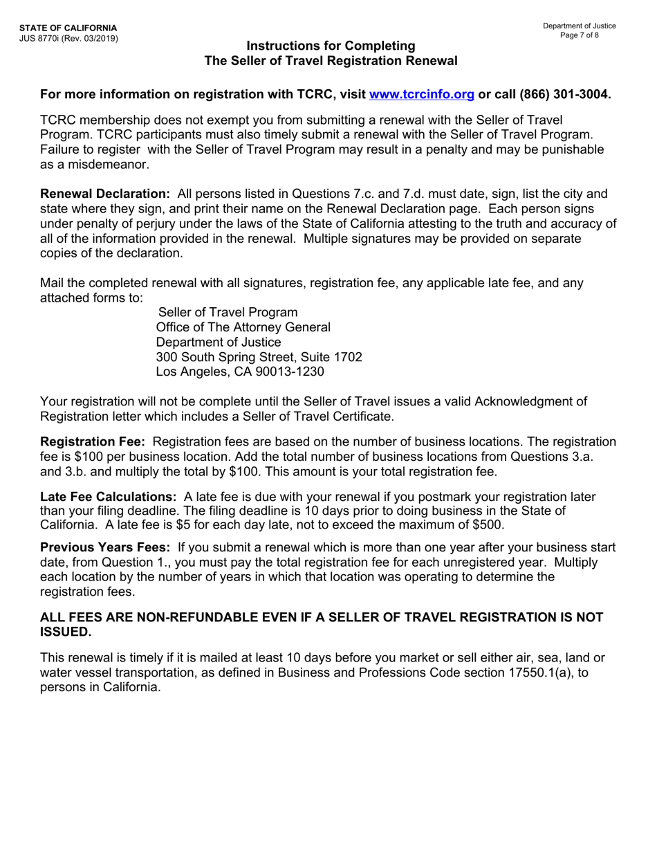 Instructions for Form JUS8770 Seller of Travel Registration Renewal - California, Page 7