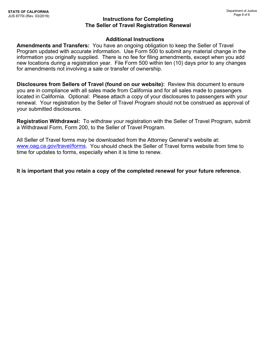 Instructions for Form JUS8770 Seller of Travel Registration Renewal - California, Page 8