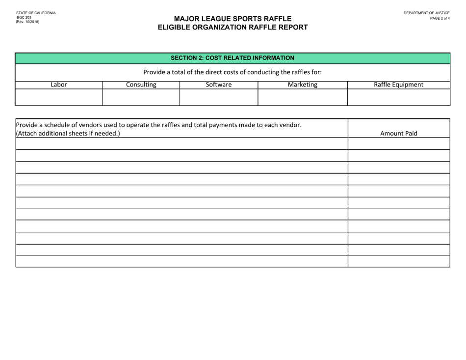 Form BGC203 Major League Sports Raffle Eligible Organization Raffle Report - California, Page 2