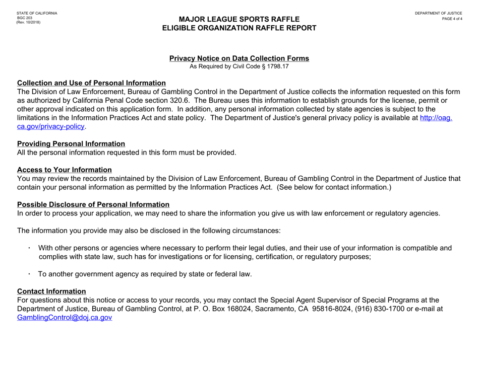 Form BGC203 Major League Sports Raffle Eligible Organization Raffle Report - California, Page 4