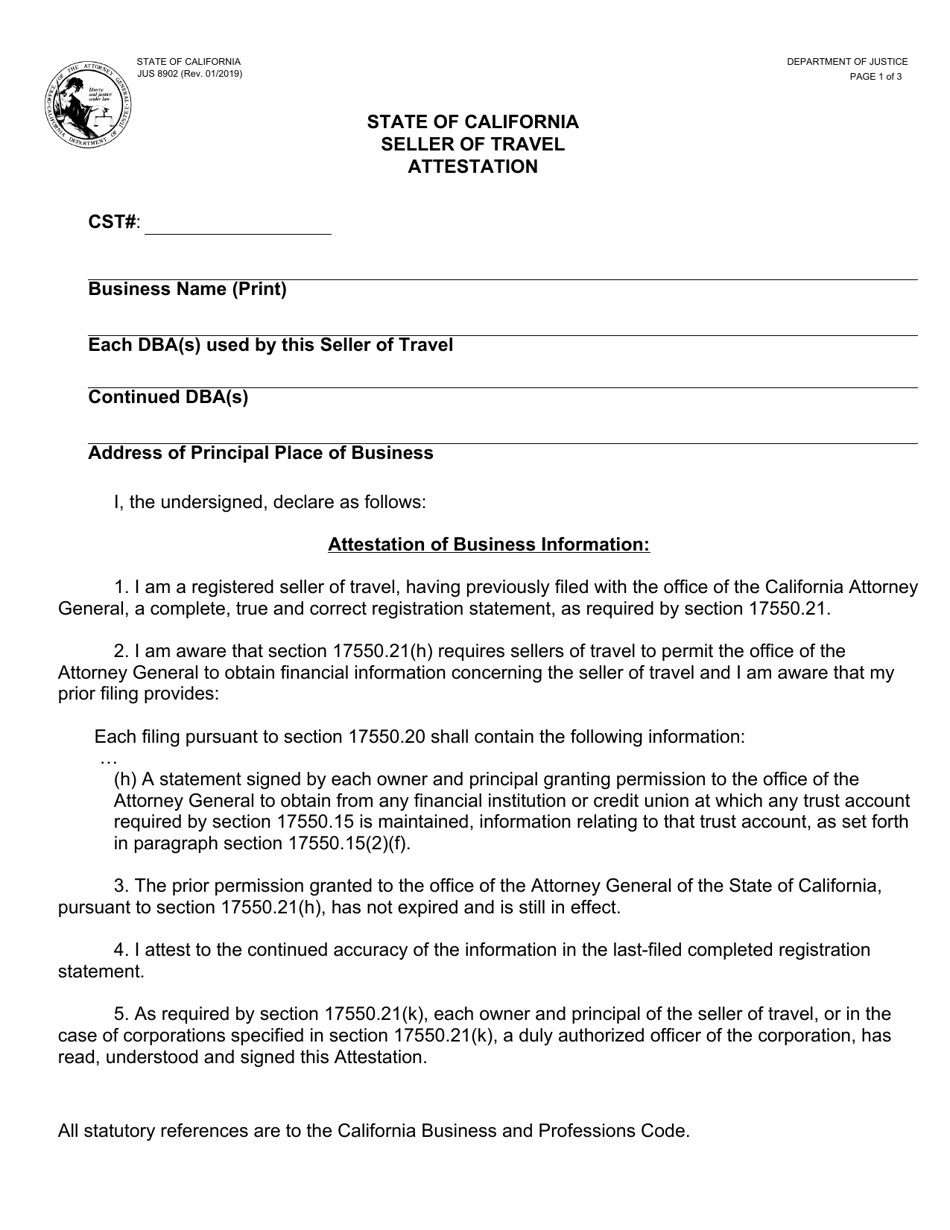 Form JUS8902 Seller of Travel Attestation - California, Page 1