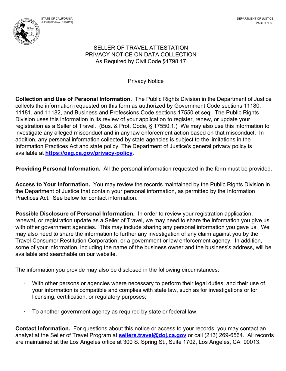 Form JUS8902 Seller of Travel Attestation - California, Page 3