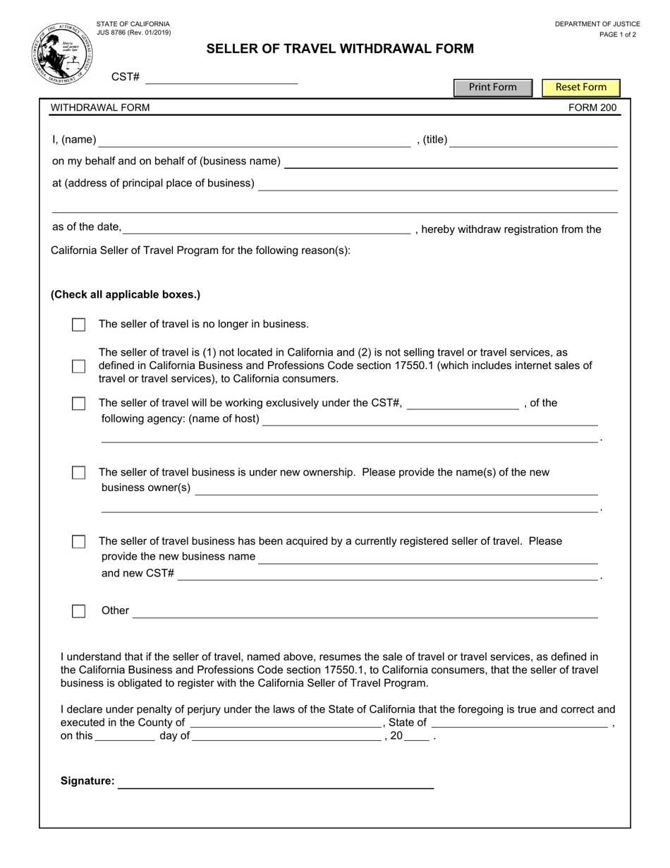 Form 200 (JUS8786) Seller of Travel Withdrawal Form - California, Page 1