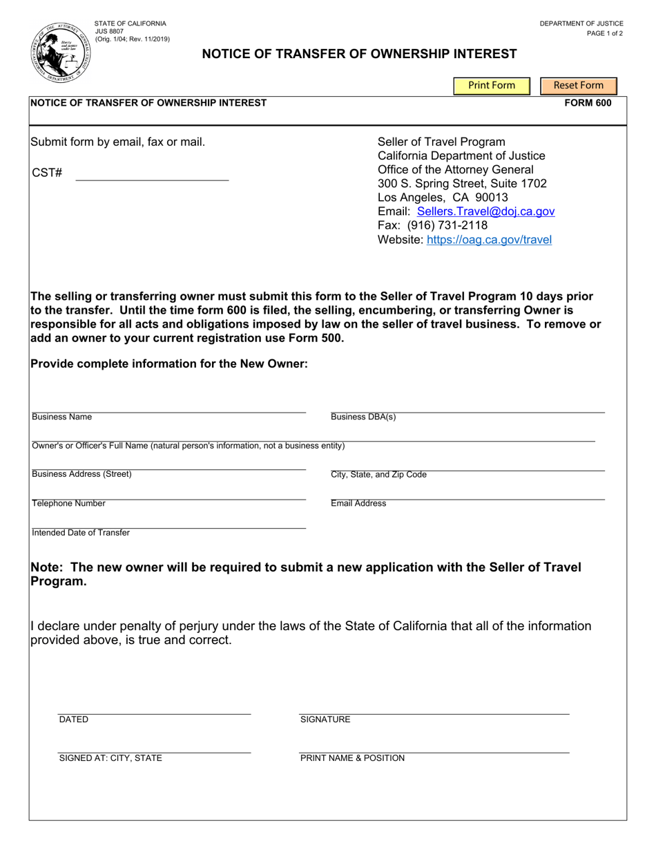 Form 600 (JUS8807) Notice of Transfer of Ownership Interest - California, Page 1
