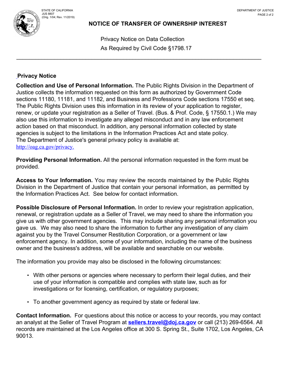 Form 600 (JUS8807) Notice of Transfer of Ownership Interest - California, Page 2