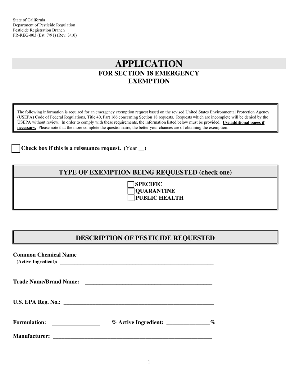 Form PR-REG-003 Application for Section 18 Emergency Exemption - California, Page 1