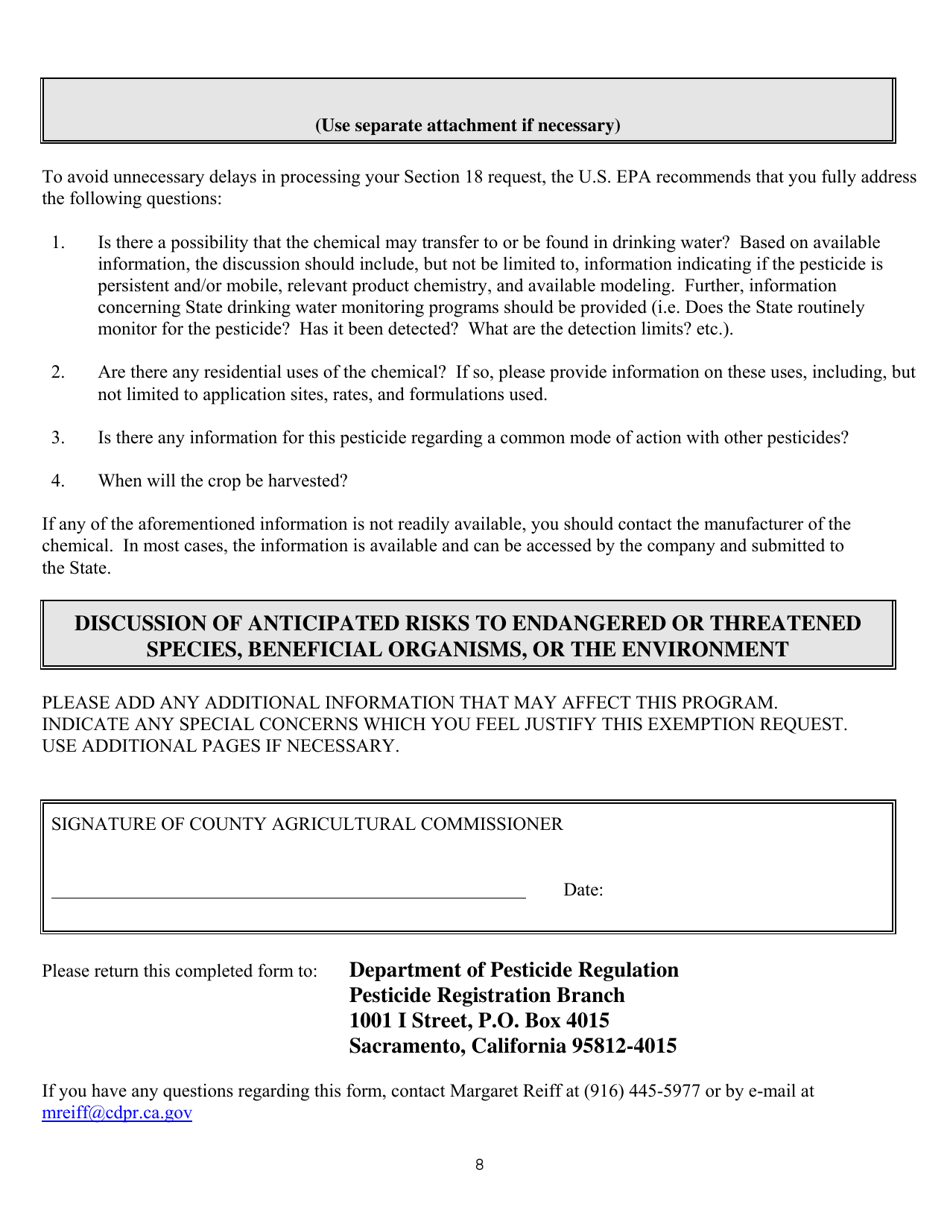 Form PR-REG-003 Application for Section 18 Emergency Exemption - California, Page 8