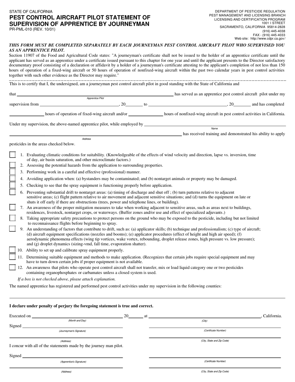 Form DPR-PML-010 Pest Control Aircraft Pilot Statement of Supervision of Apprentice by Journeyman - California, Page 1