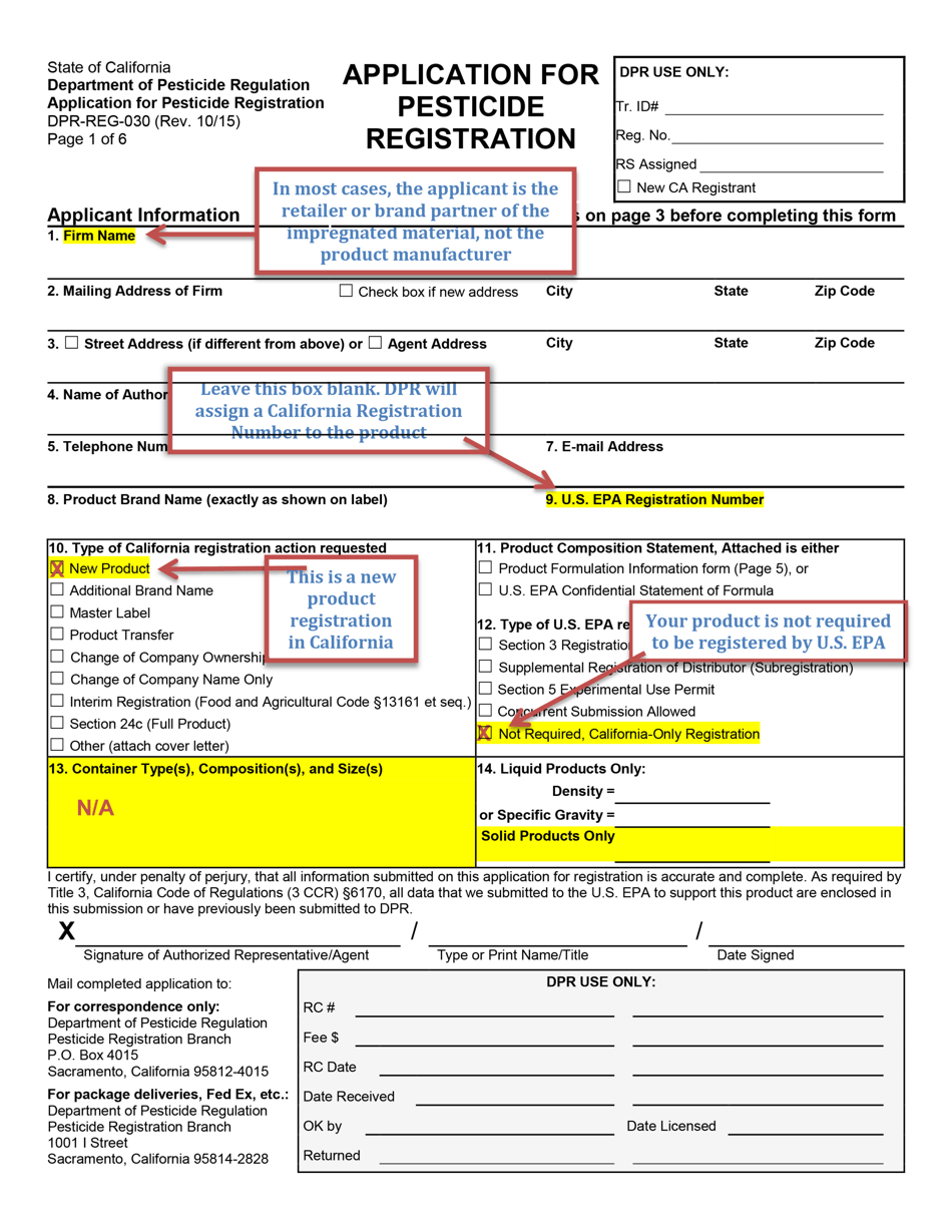 Instructions for Form DPR-REG-030 Application for Pesticide Registration - California, Page 1