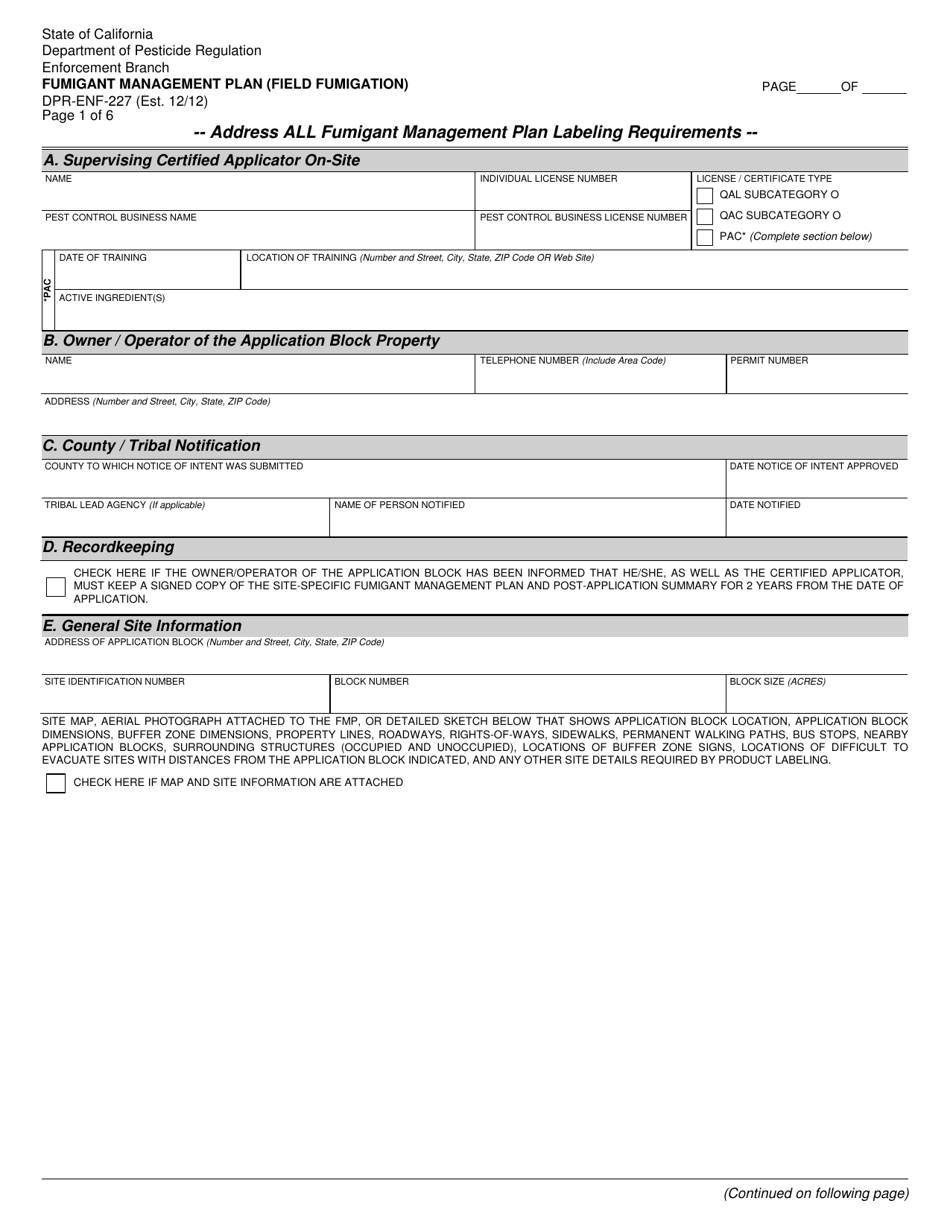 Form DPR-ENF-227 Fumigant Management Plan (Field Fumigation) - California, Page 1