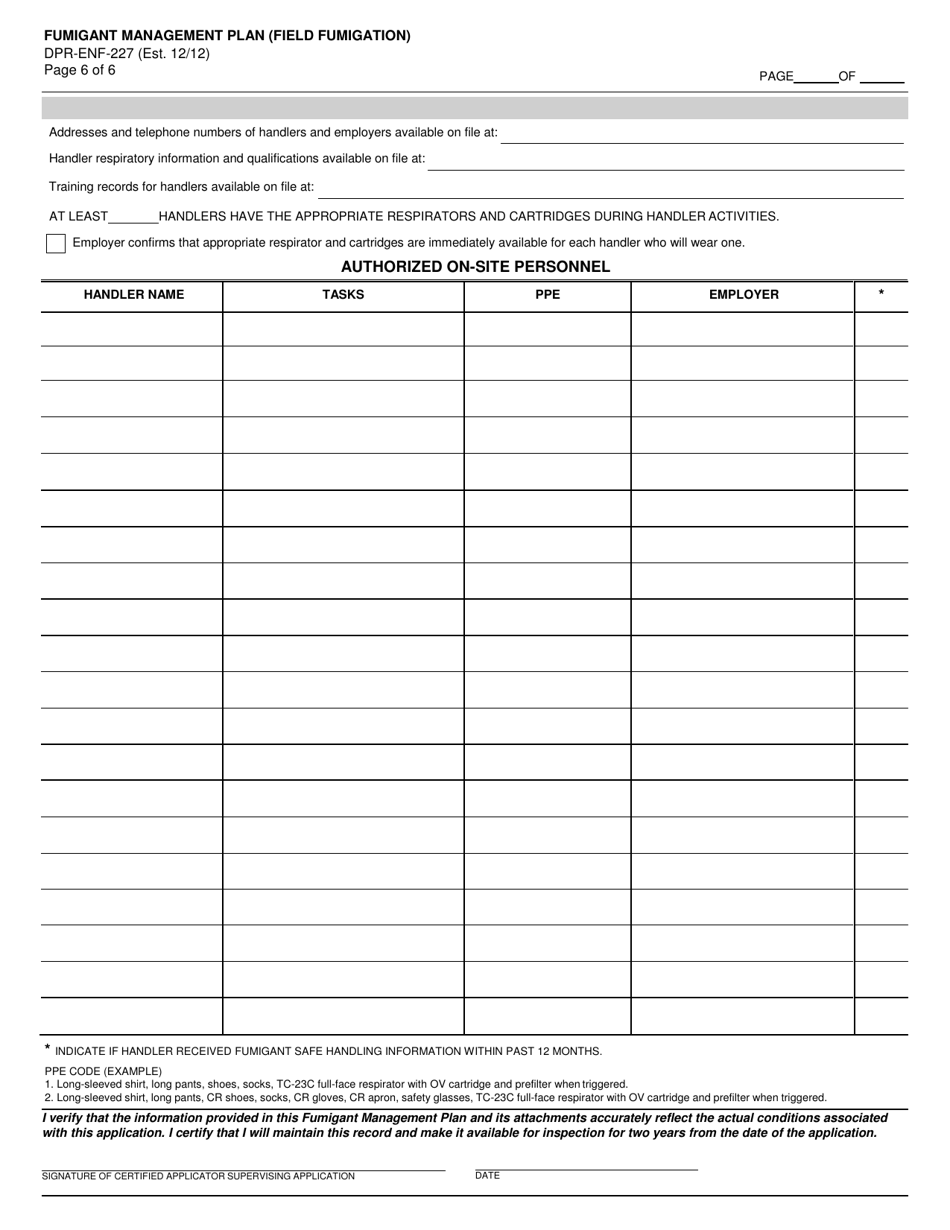 Form DPR-ENF-227 Fumigant Management Plan (Field Fumigation) - California, Page 6