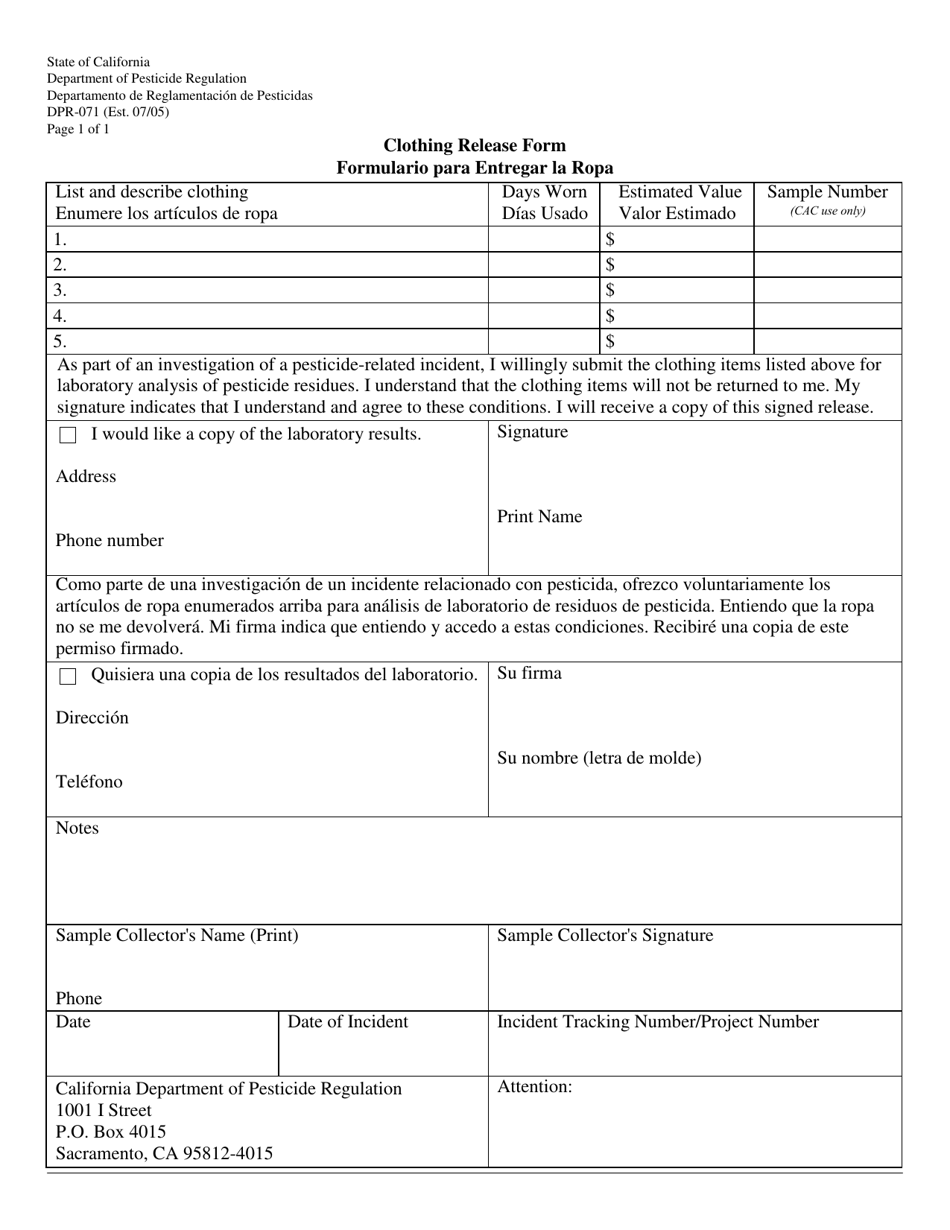 Form DPR071 Fill Out, Sign Online and Download Fillable PDF
