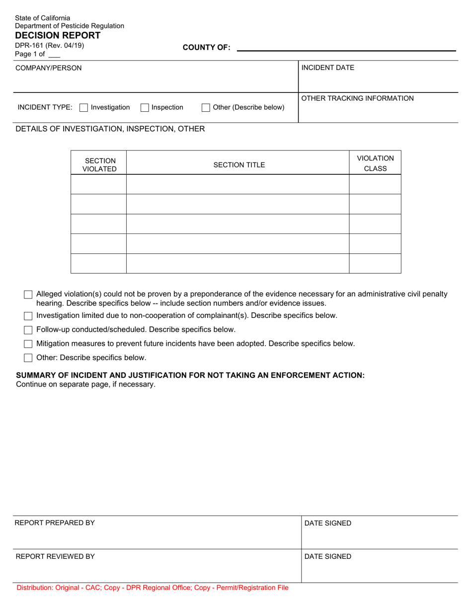 Form DPR-161 Download Fillable PDF or Fill Online Decision Report ...