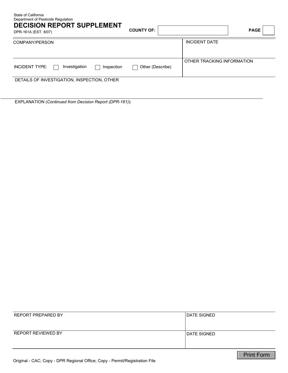 Form DPR-161A Decision Report Supplement - California, Page 1