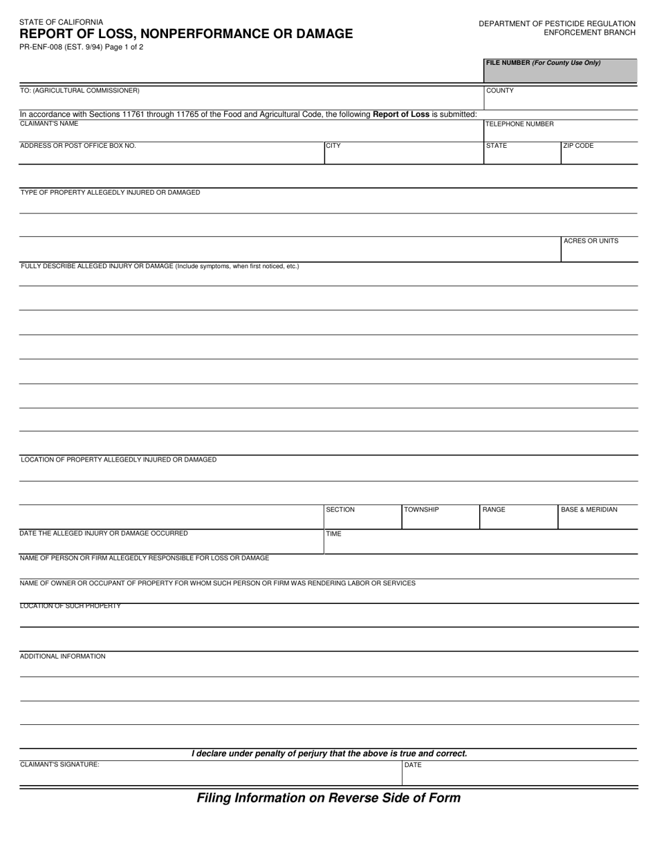 Form PR-ENF-008 Download Fillable PDF or Fill Online Report of Loss ...