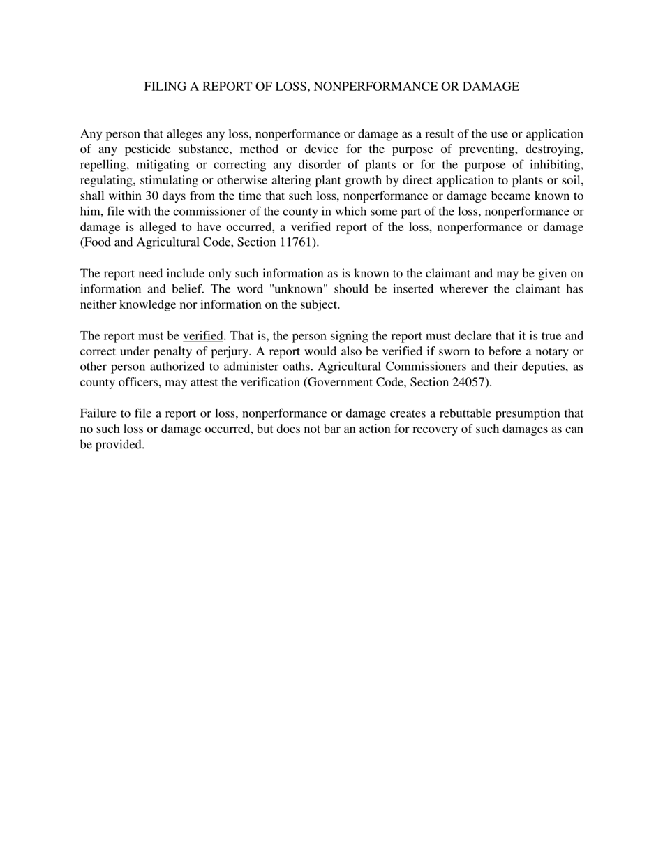 Form PR-ENF-008 Report of Loss, Nonperformance or Damage - California, Page 2