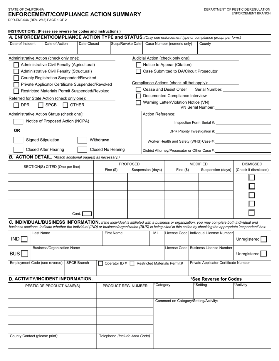 Form DPR-ENF-046 - Fill Out, Sign Online and Download Fillable PDF ...