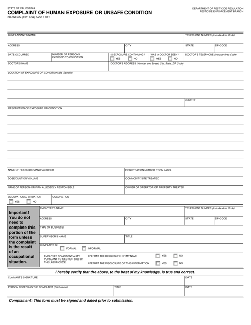 Form PR-ENF-074 Complaint of Human Exposure or Unsafe Condition - California