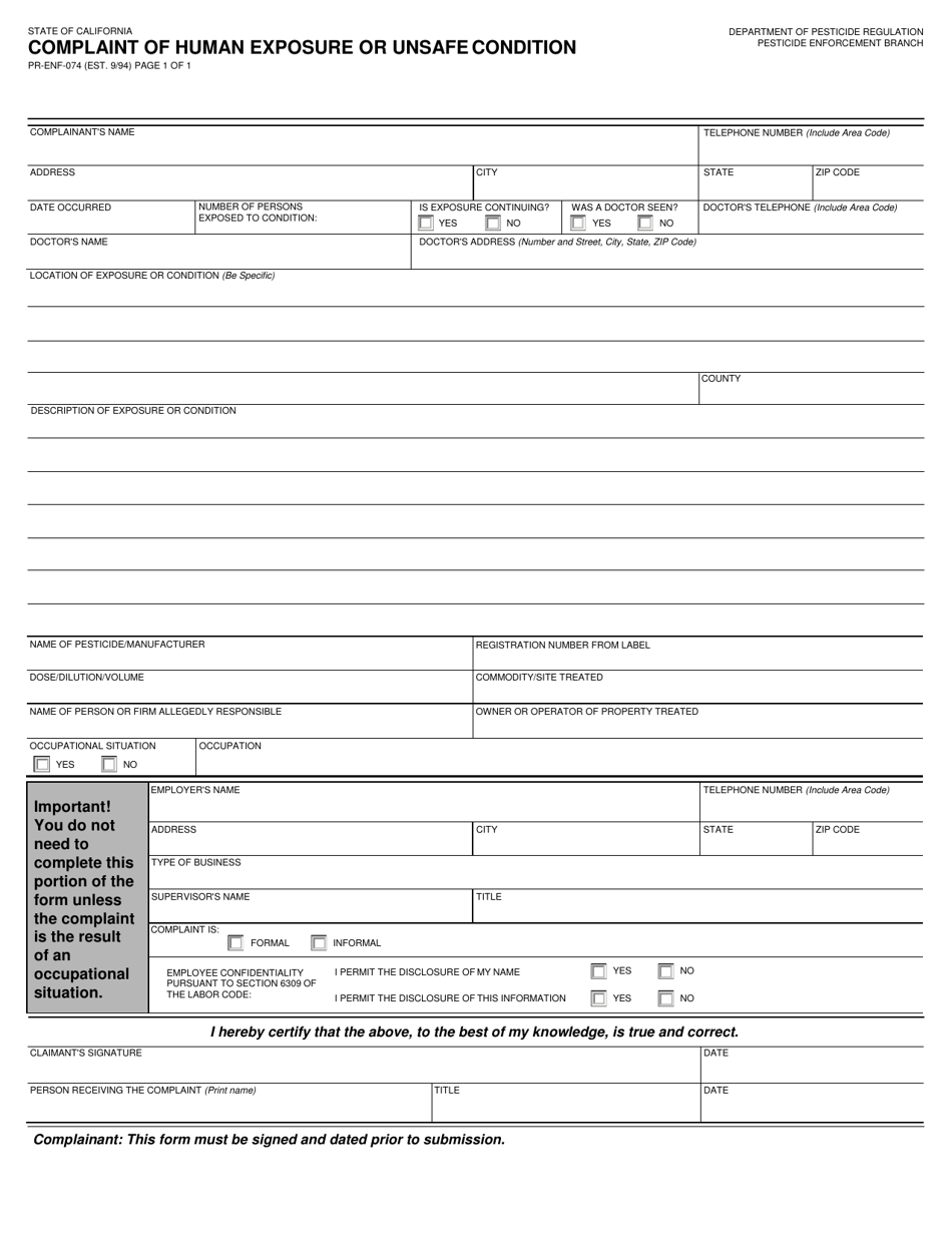 Form PR-ENF-074 Complaint of Human Exposure or Unsafe Condition - California, Page 1